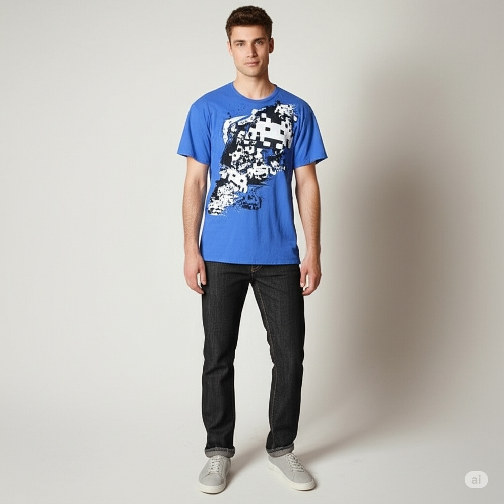 Urban Heritage abstact blue with black& white graphic short sleeve t-shi…